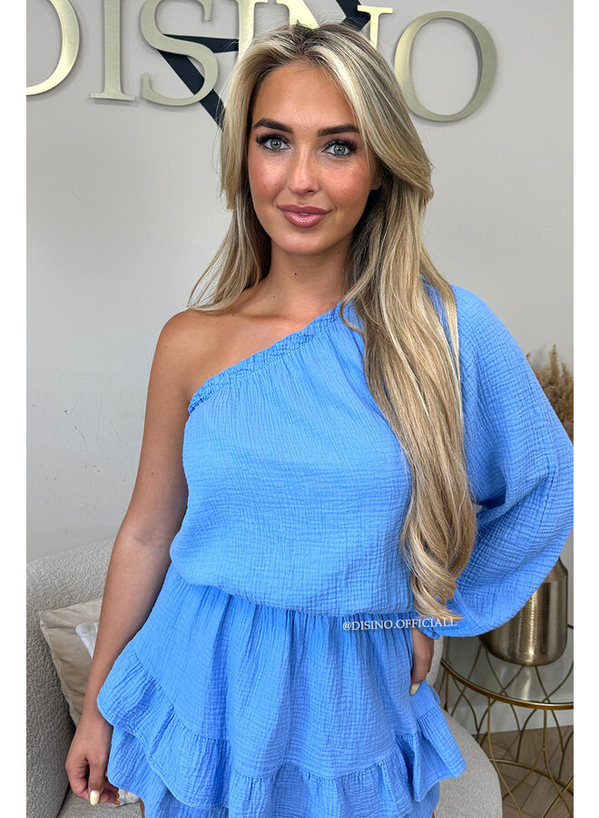 BLUE - 'TESS PLAYSUIT' - ONE ARM MOUSSELINE WAFFLE COTTON PLAYSUIT