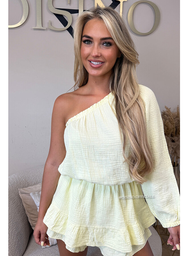 YELLOW - 'TESS PLAYSUIT' - ONE ARM MOUSSELINE WAFFLE COTTON PLAYSUIT
