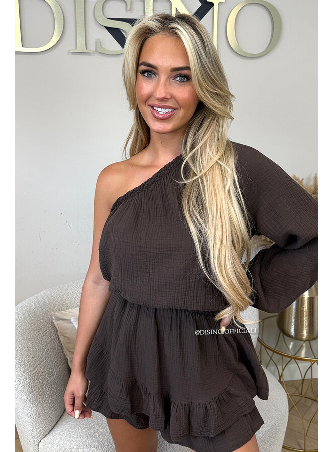 CHOCO - 'TESS PLAYSUIT' - ONE ARM MOUSSELINE WAFFLE COTTON PLAYSUIT