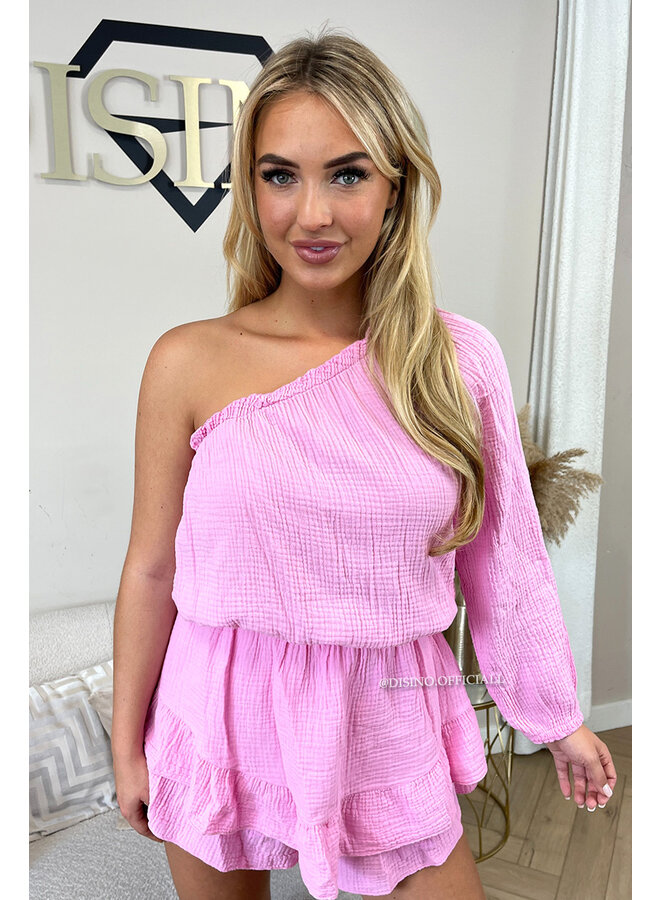 PINK - 'TESS PLAYSUIT' - ONE ARM MOUSSELINE WAFFLE COTTON PLAYSUIT
