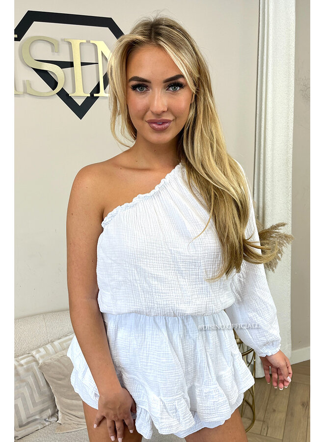 WHITE - 'TESS PLAYSUIT' - ONE ARM MOUSSELINE WAFFLE COTTON PLAYSUIT
