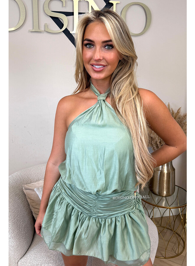 GREEN - 'NOVEY PLAYSUIT' - HALTER RUFFLE PLAYSUIT