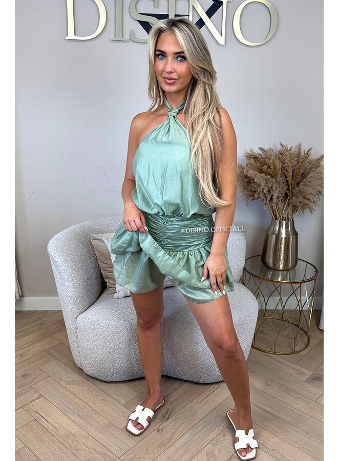 GREEN - 'NOVEY PLAYSUIT' - HALTER RUFFLE PLAYSUIT