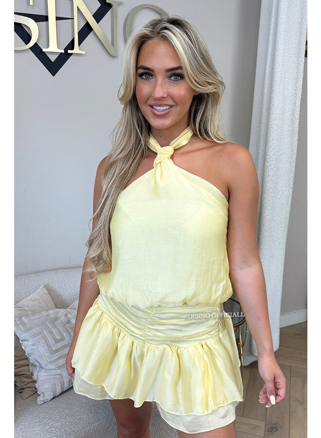 YELLOW - 'NOVEY PLAYSUIT' - HALTER RUFFLE PLAYSUIT