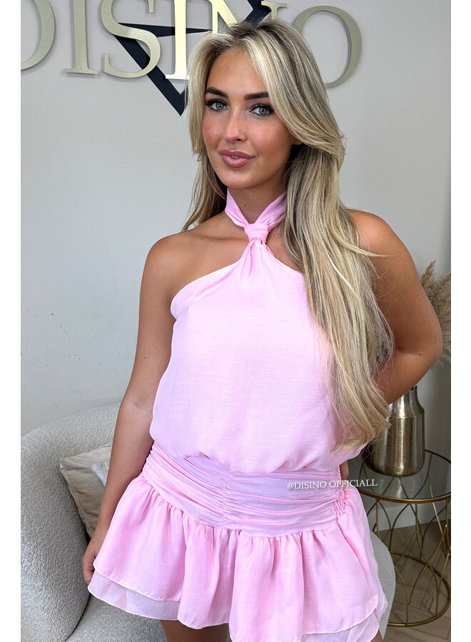 PINK - 'NOVEY PLAYSUIT' - HALTER RUFFLE PLAYSUIT