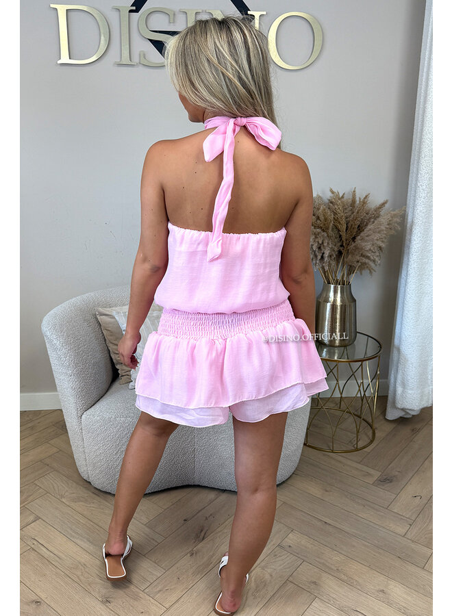 PINK - 'NOVEY PLAYSUIT' - HALTER RUFFLE PLAYSUIT