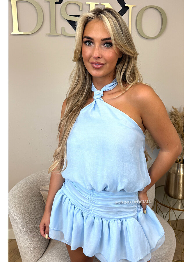 LIGHT BLUE - 'NOVEY PLAYSUIT' - HALTER RUFFLE PLAYSUIT