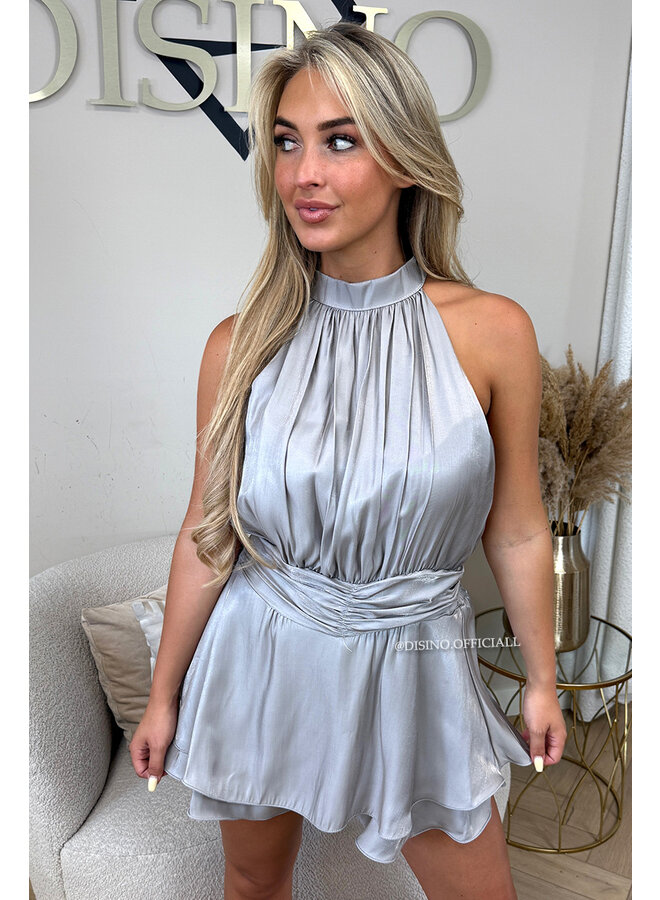 GREY - 'CELESTE PLAYSUIT' - SATIN RUFFLE PLAYSUIT