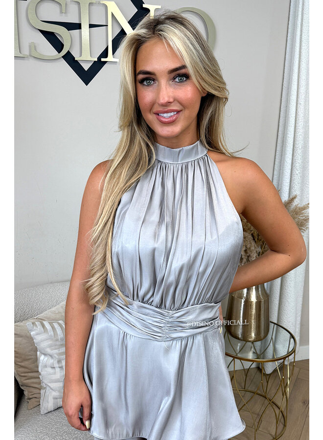 GREY - 'CELESTE PLAYSUIT' - SATIN RUFFLE PLAYSUIT