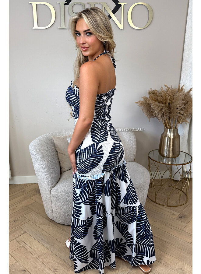 NAVY BLUE - 'TROPICAL FAYÉ MAXI DRESS' - TROPICAL LEAVES MAXI DRESS