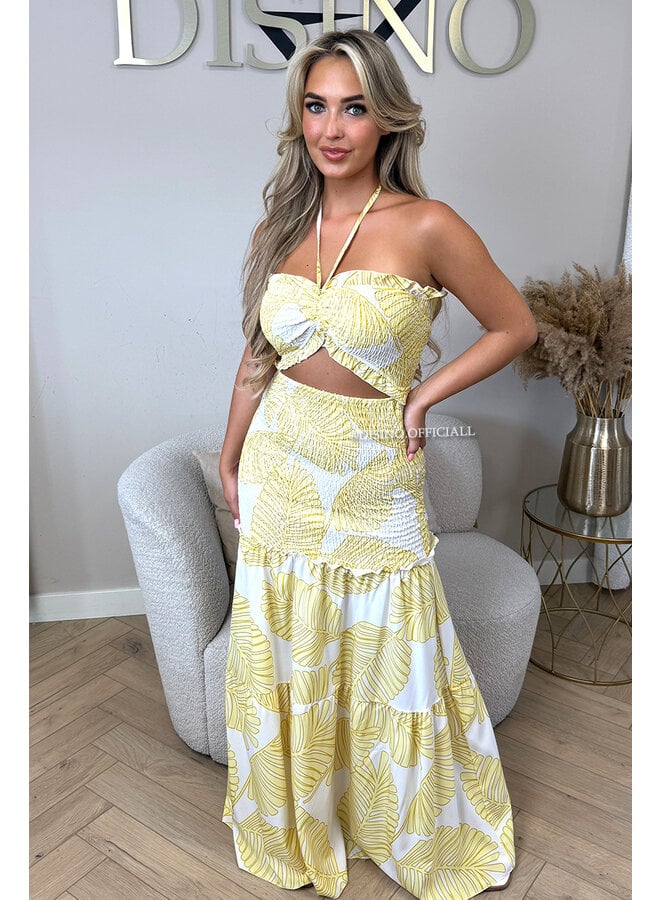 YELLOW - 'TROPICAL FAYÉ MAXI DRESS' - TROPICAL LEAVES MAXI DRESS