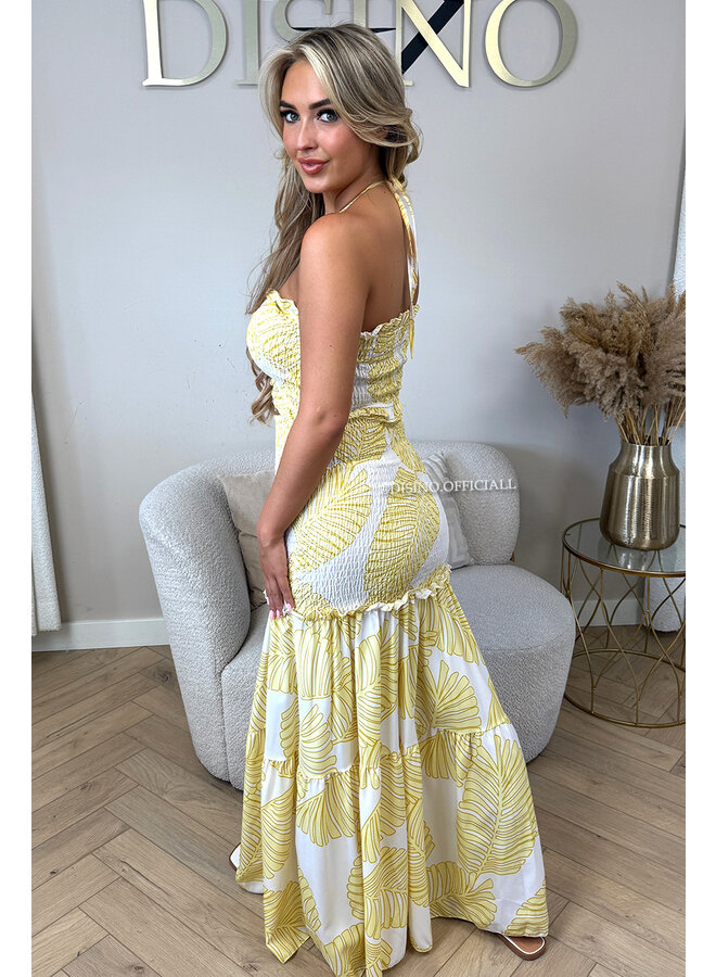 YELLOW - 'TROPICAL FAYÉ MAXI DRESS' - TROPICAL LEAVES MAXI DRESS