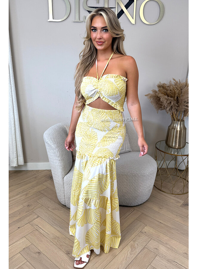YELLOW - 'TROPICAL FAYÉ MAXI DRESS' - TROPICAL LEAVES MAXI DRESS