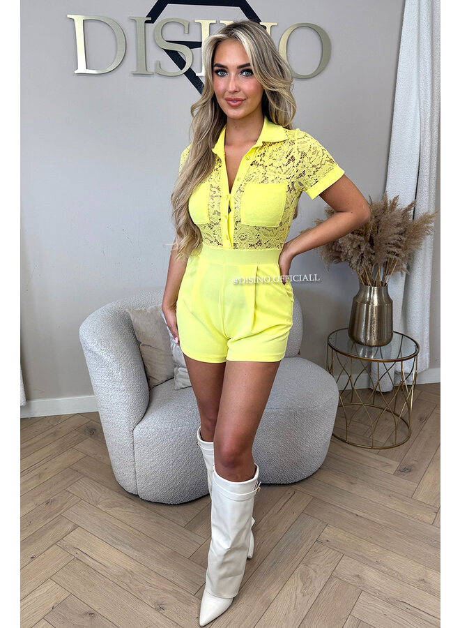 YELLOW - 'CYRA' - LACE STRETCH PLAYSUIT