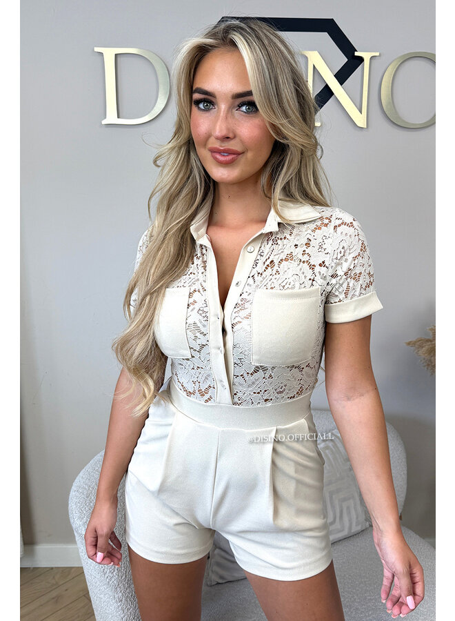 BEIGE - 'CYRA' - LACE STRETCH PLAYSUIT