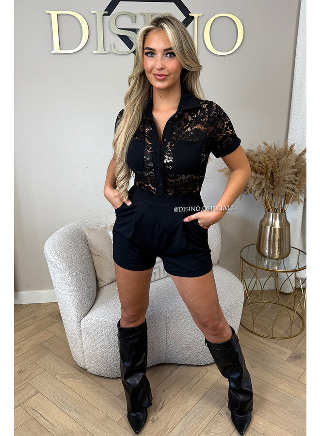 BLACK - 'CYRA' - LACE STRETCH PLAYSUIT