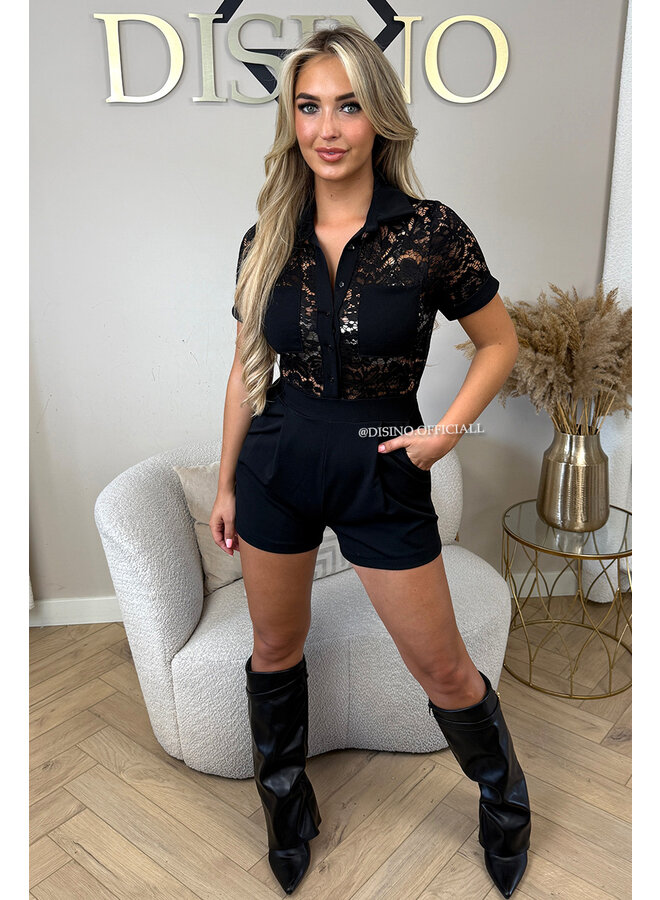 BLACK - 'CYRA' - LACE STRETCH PLAYSUIT