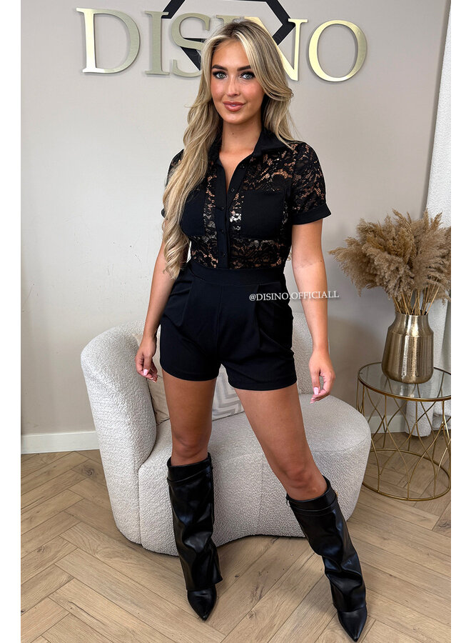 BLACK - 'CYRA' - LACE STRETCH PLAYSUIT