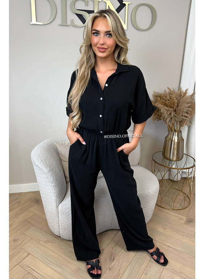 BLACK - 'MAEVE JUMPSUIT' - MOESSELINE WAFFLE COTTON JUMPSUIT