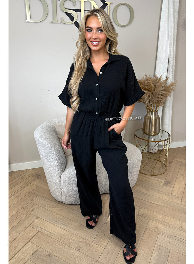BLACK - 'MAEVE JUMPSUIT' - MOESSELINE WAFFLE COTTON JUMPSUIT