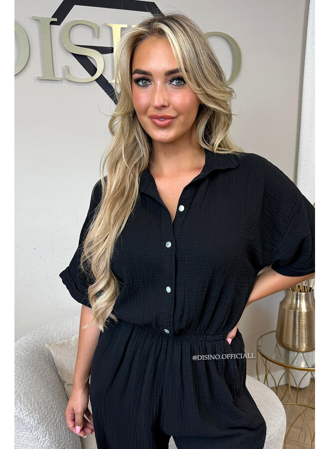 BLACK - 'MAEVE JUMPSUIT' - MOESSELINE WAFFLE COTTON JUMPSUIT