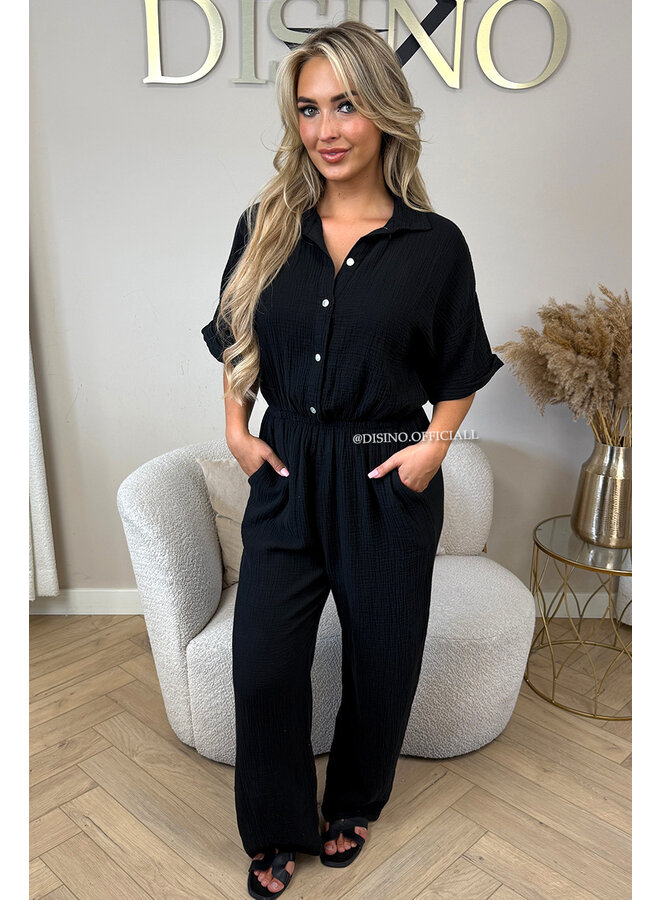 BLACK - 'MAEVE JUMPSUIT' - MOESSELINE WAFFLE COTTON JUMPSUIT