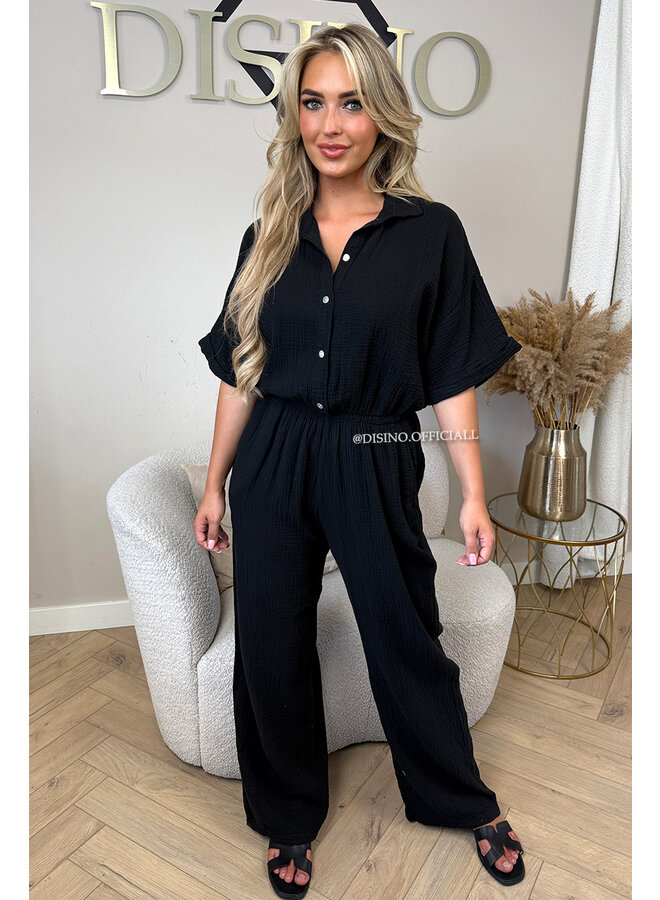 BLACK - 'MAEVE JUMPSUIT' - MOESSELINE WAFFLE COTTON JUMPSUIT