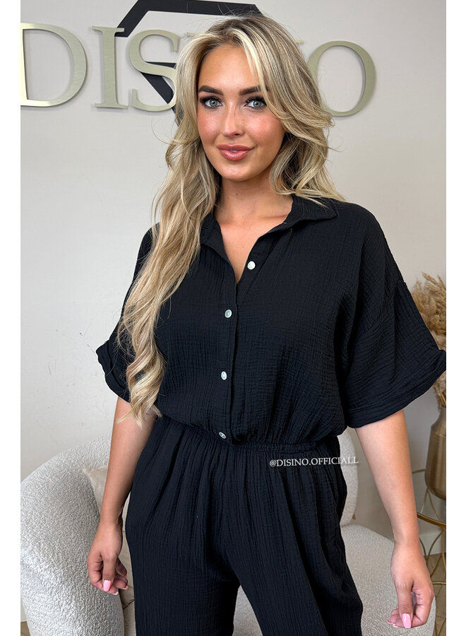 BLACK - 'MAEVE JUMPSUIT' - MOESSELINE WAFFLE COTTON JUMPSUIT
