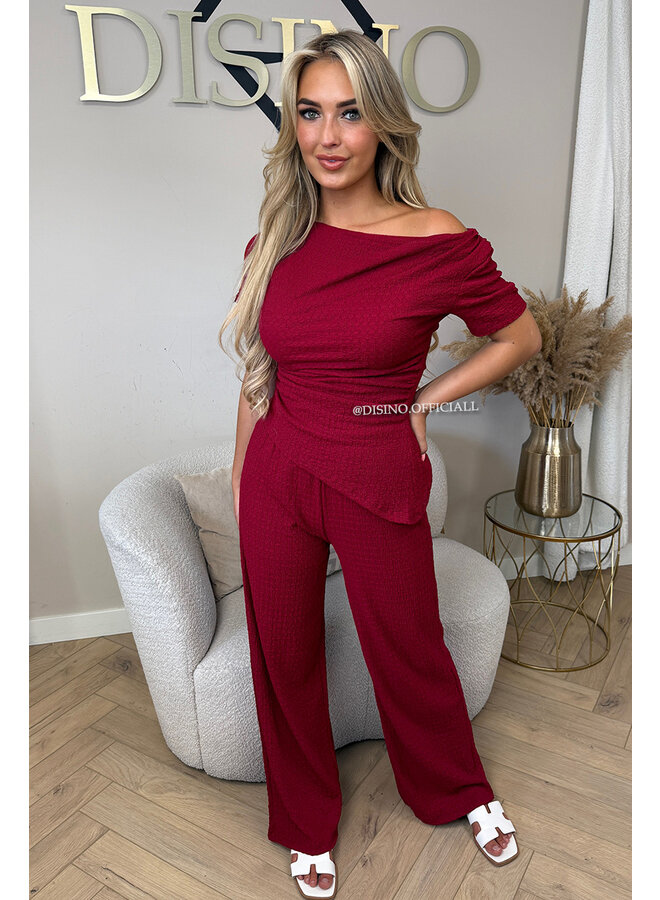 BORDEAUX - 'KATE SET' - WAFFLE PRINT ASYMMETRIC TOP + PANTS SET