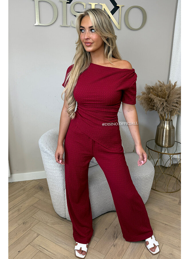 BORDEAUX - 'KATE SET' - WAFFLE PRINT ASYMMETRIC TOP + PANTS SET