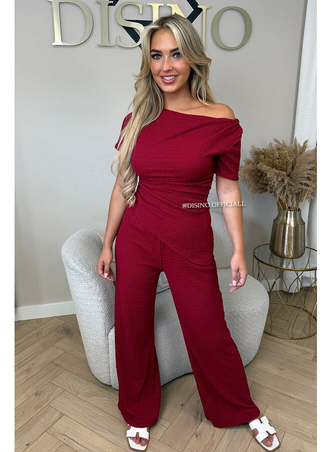 BORDEAUX - 'KATE SET' - WAFFLE PRINT ASYMMETRIC TOP + PANTS SET