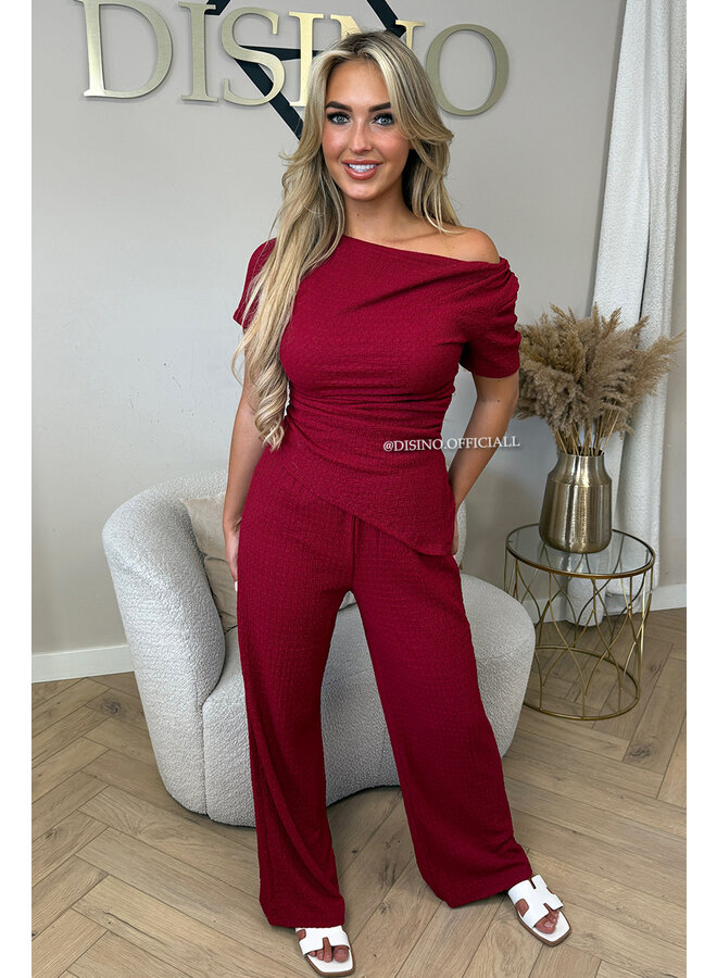 BORDEAUX - 'KATE SET' - WAFFLE PRINT ASYMMETRIC TOP + PANTS SET