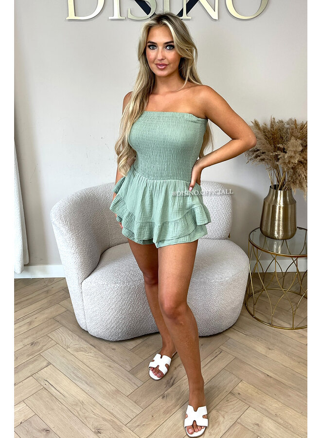 SAGE GREEN - 'JESSY PLAYSUIT' - STRAPLESS MOUSSELINE WAFFLE COTTON PLAYSUIT
