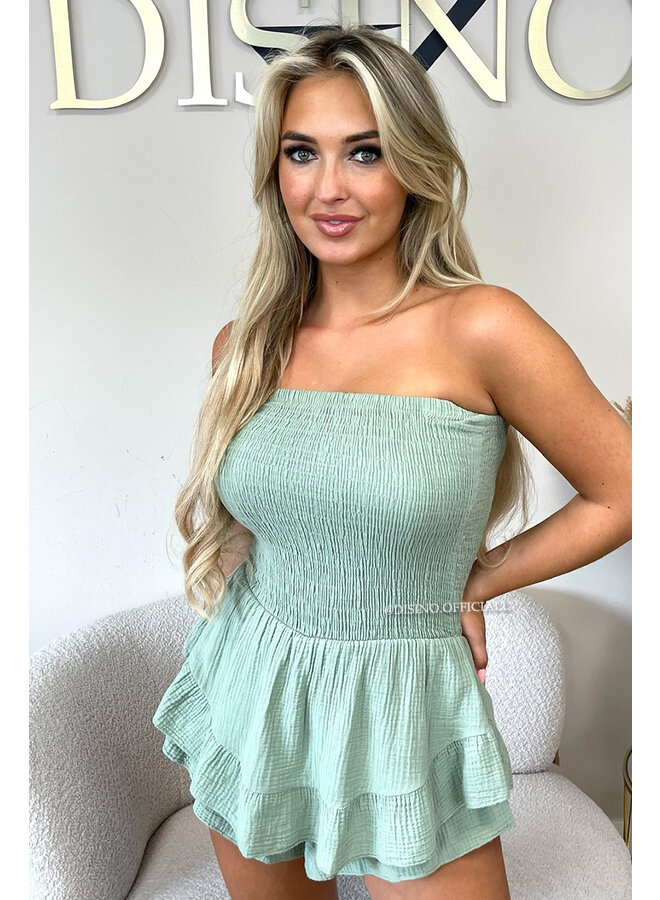 SAGE GREEN - 'JESSY PLAYSUIT' - STRAPLESS MOUSSELINE WAFFLE COTTON PLAYSUIT
