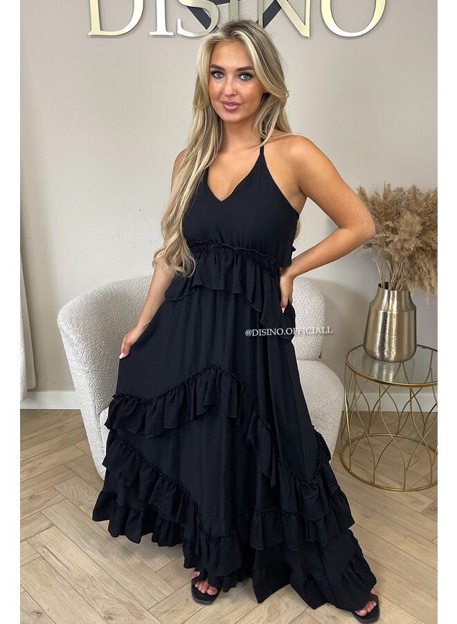 BLACK - 'SUNNY DRESS' - RUFFLE MAXI DRESS OPEN BACK