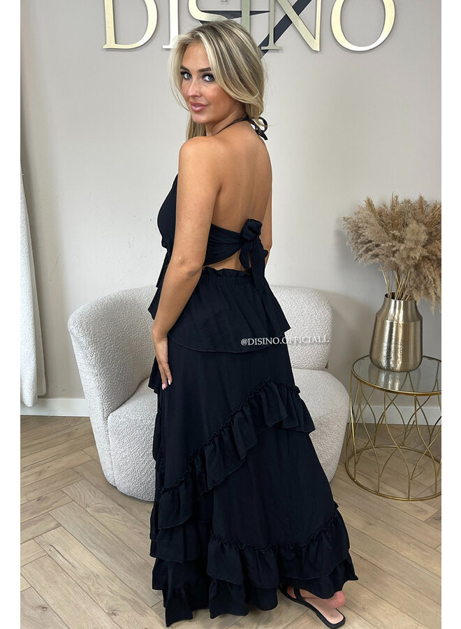 BLACK - 'SUNNY DRESS' - RUFFLE MAXI DRESS OPEN BACK