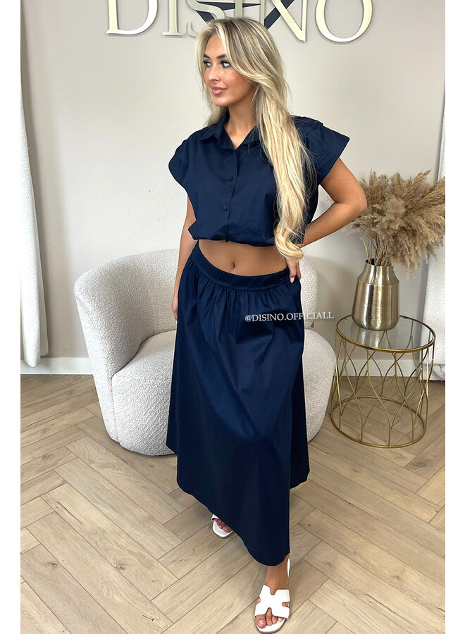 NAVY BLUE - 'BRITT SET' - CROPPED BLOUSE + MAXI SKIRT SET