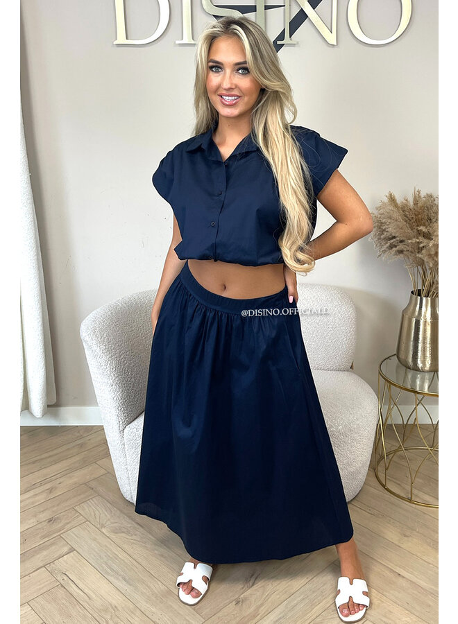 NAVY BLUE - 'BRITT SET' - CROPPED BLOUSE + MAXI SKIRT SET