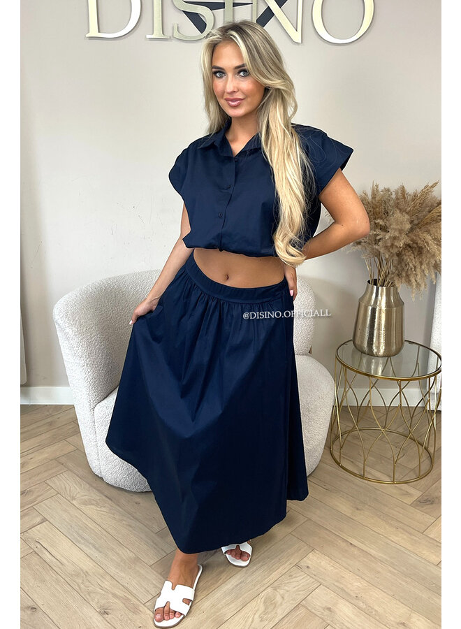 NAVY BLUE - 'BRITT SET' - CROPPED BLOUSE + MAXI SKIRT SET