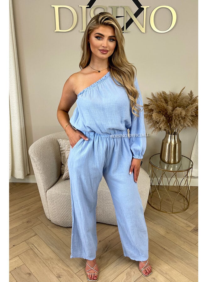 LIGHT BLUE - 'TESS LONG JUMPSUIT' - ONE SHOULDER MOUSSELINE WAFFLE COTTON JUMPSUIT