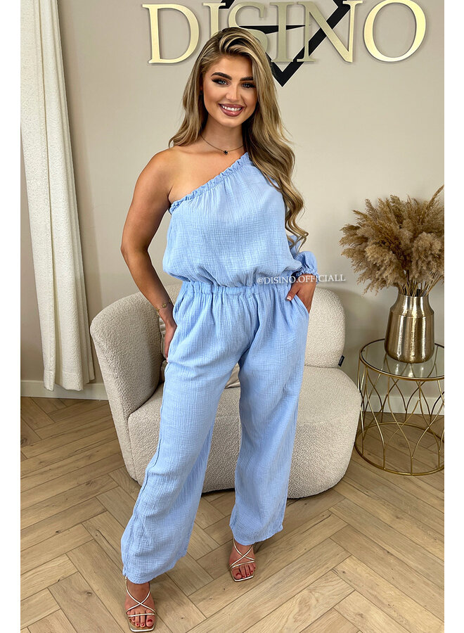 LIGHT BLUE - 'TESS LONG JUMPSUIT' - ONE SHOULDER MOUSSELINE WAFFLE COTTON JUMPSUIT