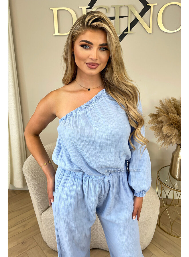 LIGHT BLUE - 'TESS LONG JUMPSUIT' - ONE SHOULDER MOUSSELINE WAFFLE COTTON JUMPSUIT