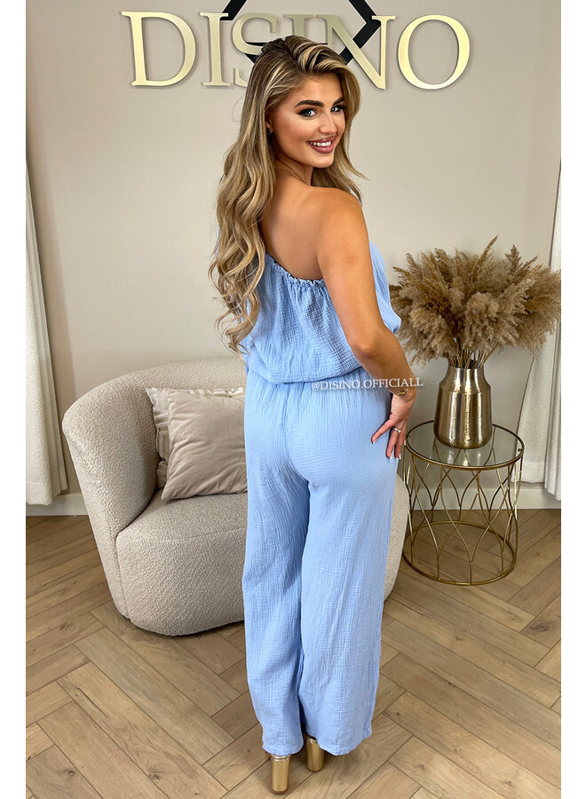 LIGHT BLUE - 'TESS LONG JUMPSUIT' - ONE SHOULDER MOUSSELINE WAFFLE COTTON JUMPSUIT