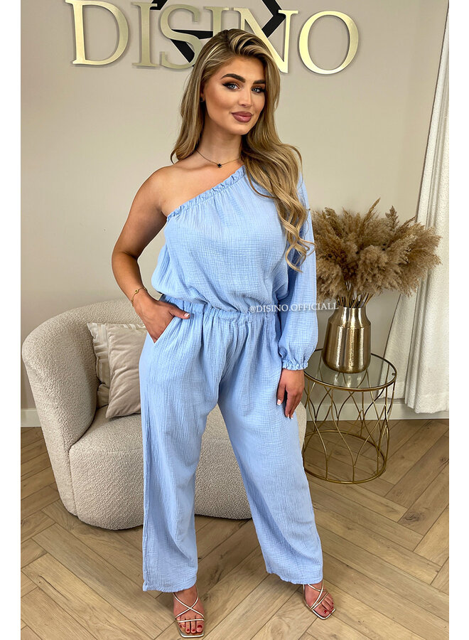 LIGHT BLUE - 'TESS LONG JUMPSUIT' - ONE SHOULDER MOUSSELINE WAFFLE COTTON JUMPSUIT