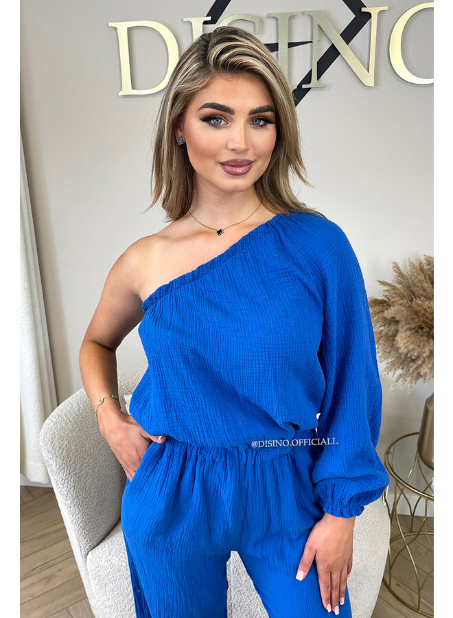 ROYAL BLUE - 'TESS LONG JUMPSUIT' - ONE SHOULDER MOUSSELINE WAFFLE COTTON JUMPSUIT
