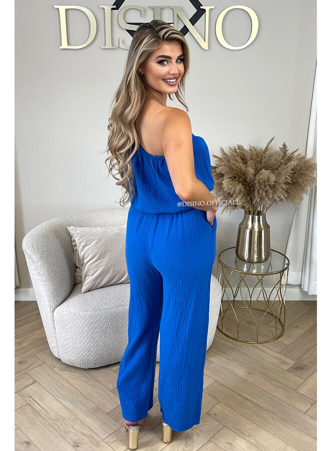 ROYAL BLUE - 'TESS LONG JUMPSUIT' - ONE SHOULDER MOUSSELINE WAFFLE COTTON JUMPSUIT