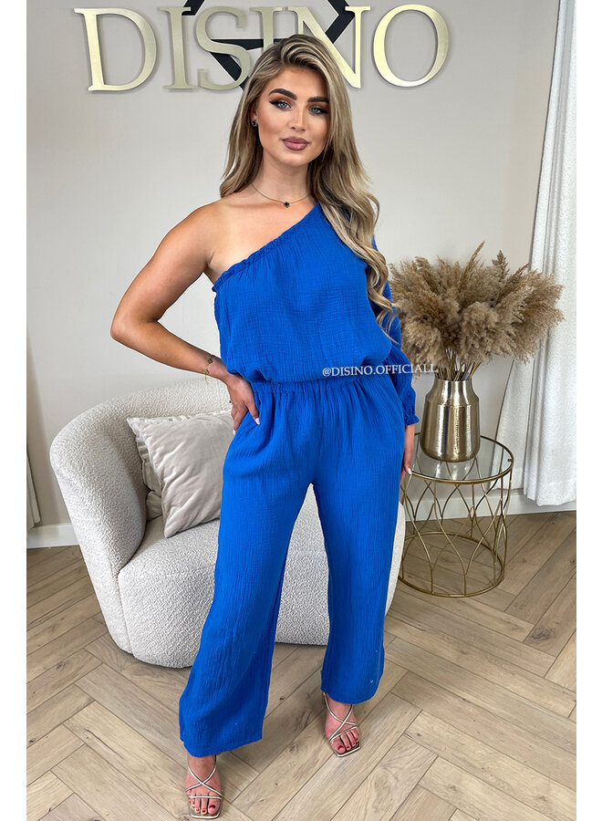 ROYAL BLUE - 'TESS LONG JUMPSUIT' - ONE SHOULDER MOUSSELINE WAFFLE COTTON JUMPSUIT