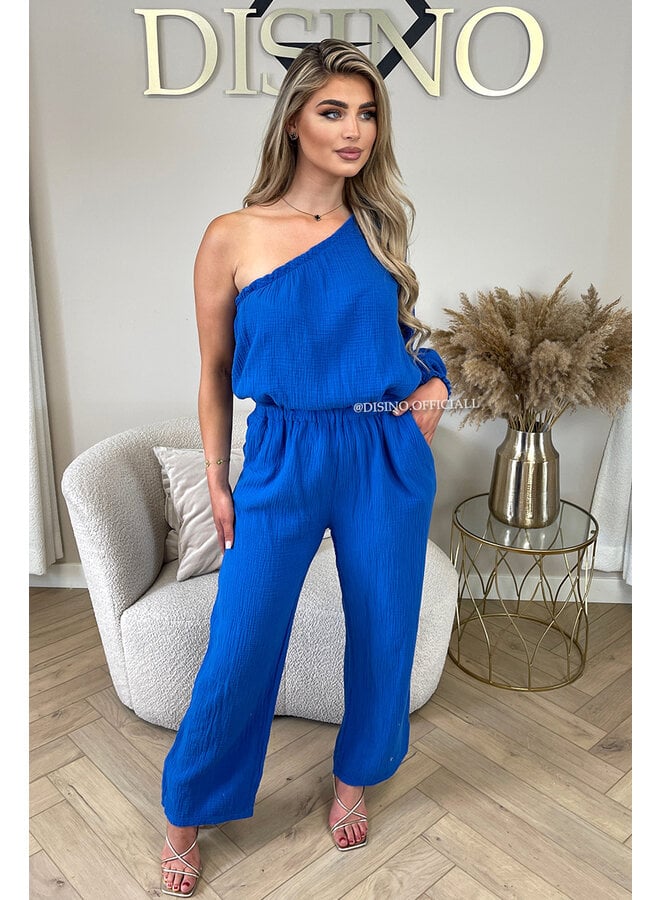 ROYAL BLUE - 'TESS LONG JUMPSUIT' - ONE SHOULDER MOUSSELINE WAFFLE COTTON JUMPSUIT