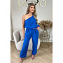 ROYAL BLUE - 'TESS LONG JUMPSUIT' - ONE SHOULDER MOUSSELINE WAFFLE COTTON JUMPSUIT