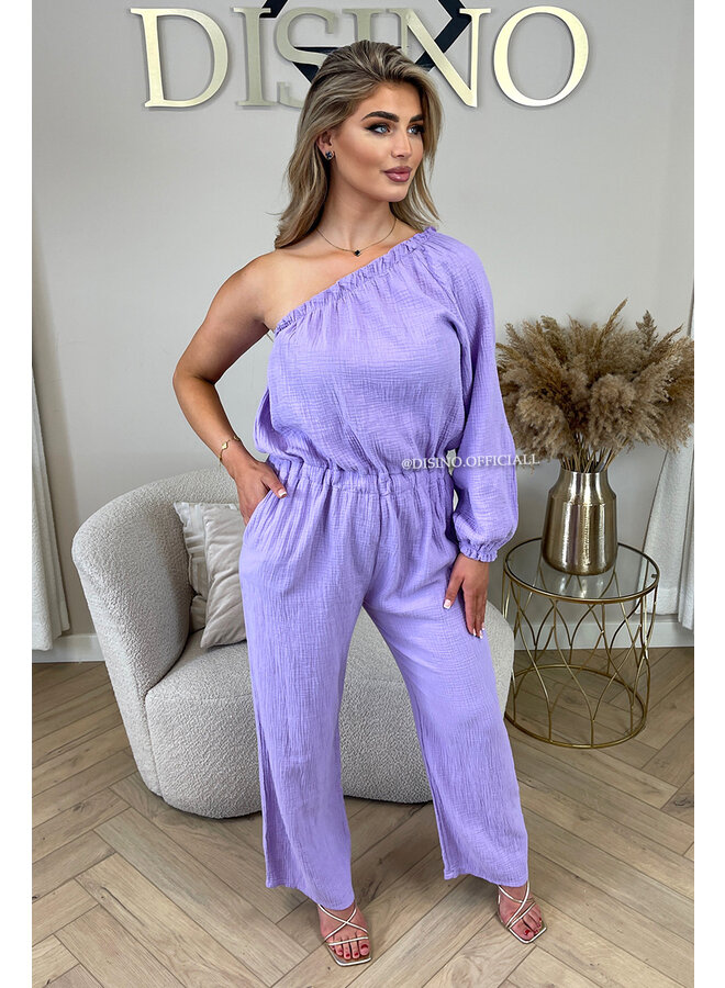 LILA - 'TESS LONG JUMPSUIT' - ONE SHOULDER MOUSSELINE WAFFLE COTTON JUMPSUIT